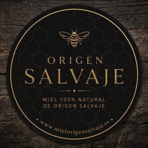 Dibujos de abeja y texto: Origen Salvaje, miel 100% natural de origen salvaje